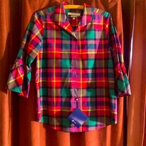 A plaid vibrant colored top from Foxcroft, NYC